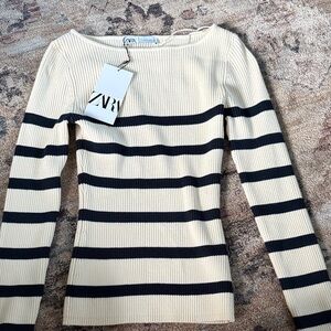 Zara Striped Ribbed Top in Cream and Black